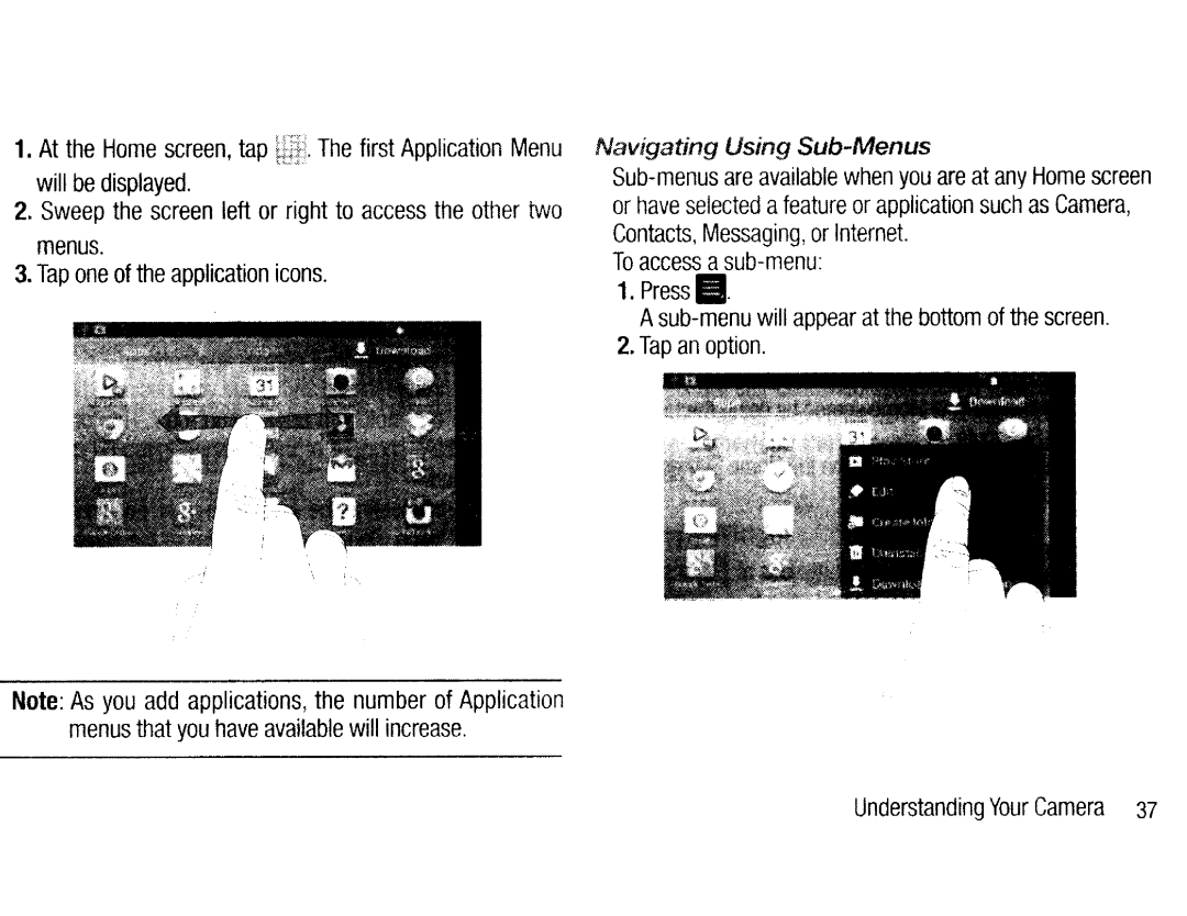 Samsung EKGC200ZKAXAR, EKGC200ZWAXAR Navigating Using Sub-Menus, Left or right to access the other two, Sweep the screen 