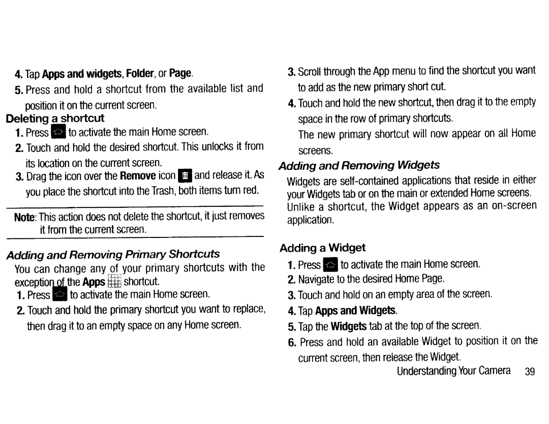 Samsung EK-GC200ZKAXAR Deleting a shortcut, Adding and Removing Primary Shortcuts, Adding and Removing Widgets, Tap Apps 