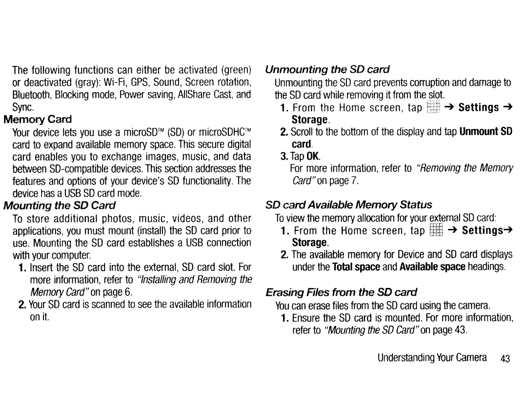 Samsung EK-GC200ZKAXAR, EKGC200ZWAXAR Unmounting the SD card, Mounting the SD Card, SO card Available Memory Status 