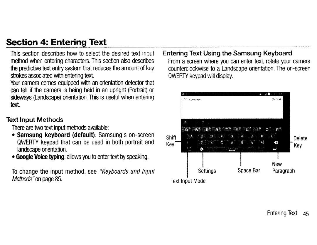 Samsung EKGC200ZKAXAR, EKGC200ZWAXAR, EK-GC200ZKAXAR user manual Text Input Methods, Entering Text Using the Samsung Keyboard 