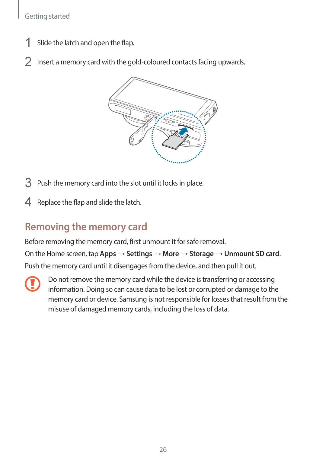 Samsung EK-GC200ZWAXAR, EKGC200ZWAXAR, EK-GC200ZKAXAR, EKGC200ZKAXAR user manual Removing the memory card 