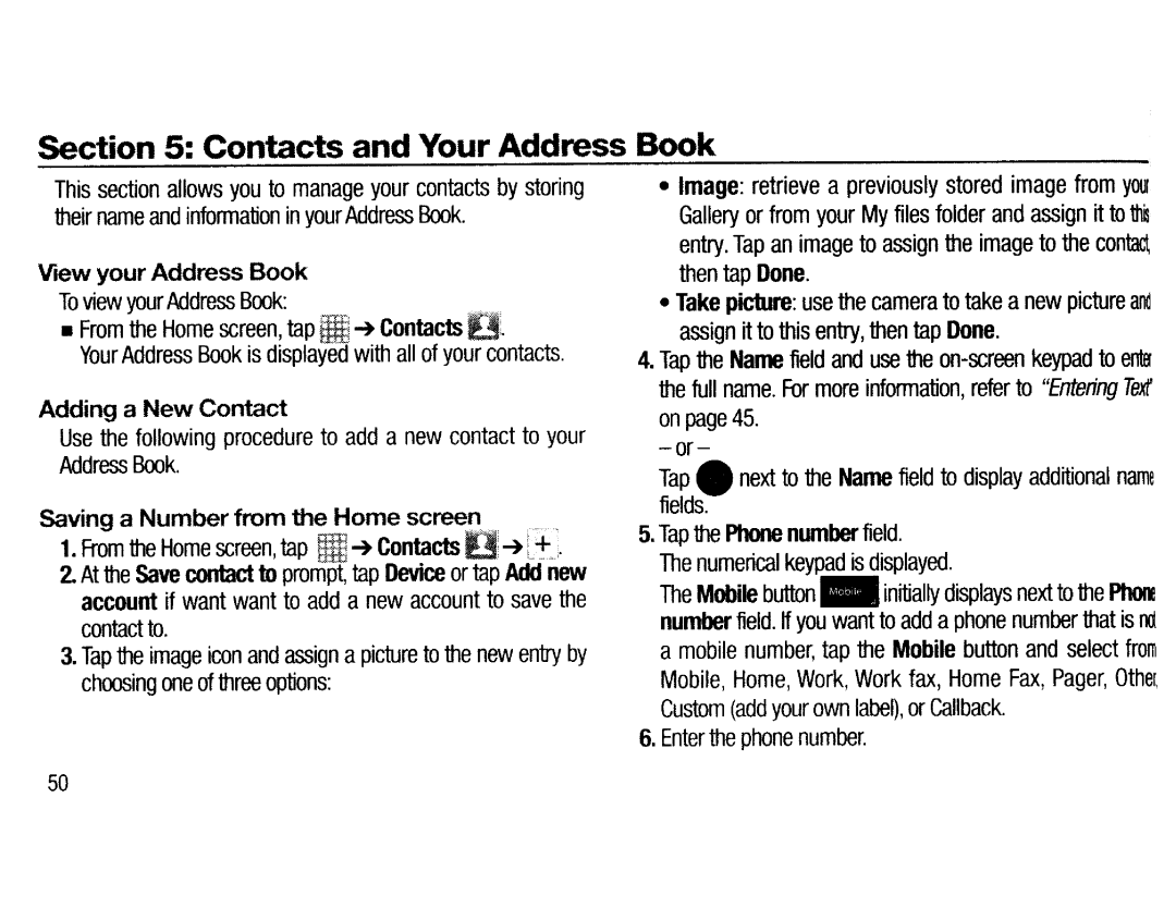 Samsung EKGC200ZWAXAR View your Address Book, Adding a New Contact, Saving a Number from the Home Screen, On page45 