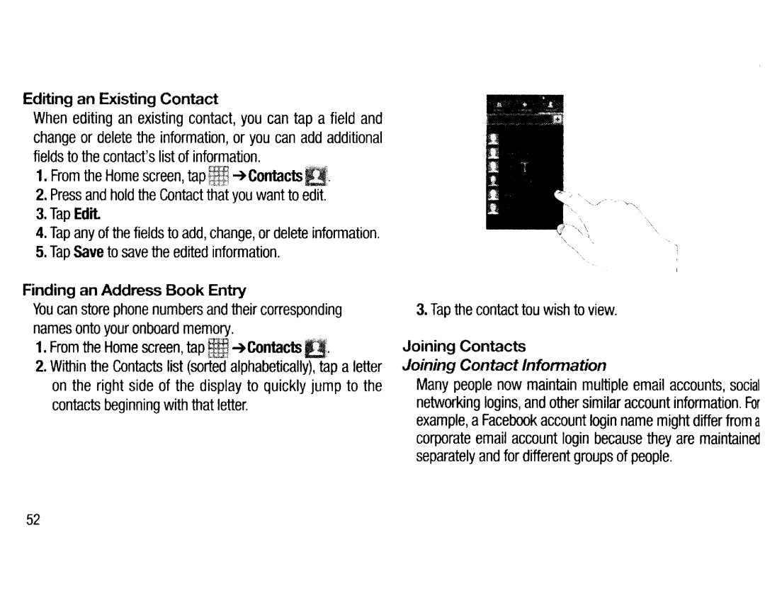 Samsung EK-GC200ZWAXAR, EKGC200ZWAXAR Editing an Existing Contact, Finding an Address Book Entry, Joining Contacts 