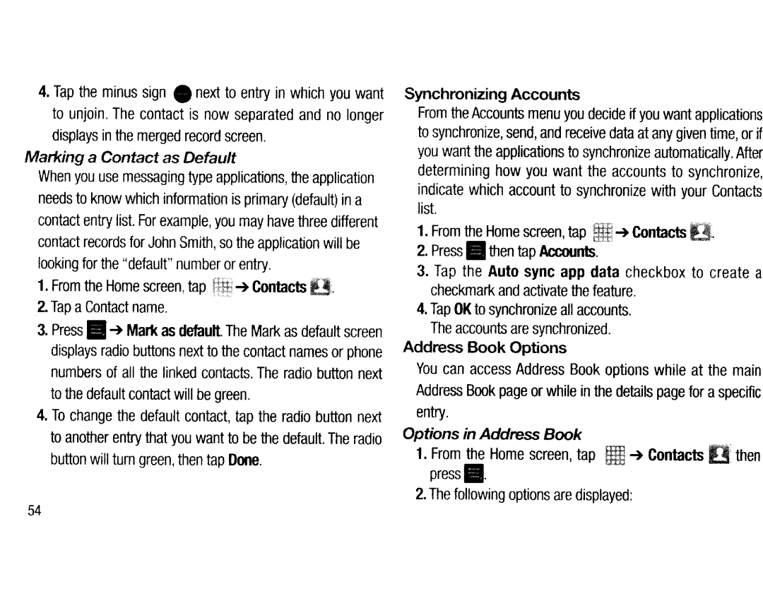Samsung EKGC200ZWAXAR Marking a Contact as Default, Synchronizing Accounts, Address Book Options, Options in Address Book 