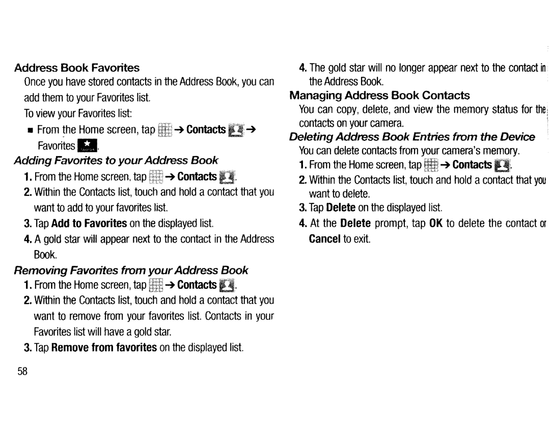 Samsung EKGC200ZWAXAR Address Book Favorites, Adding Favorites to your Address Book, Managing Address Book Contacts 