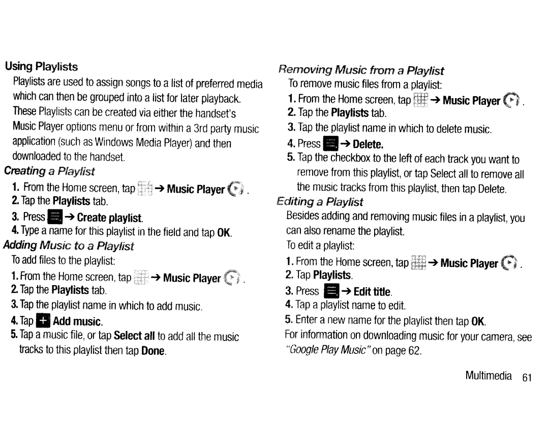 Samsung EKGC200ZKAXAR, EKGC200ZWAXAR, EK-GC200ZKAXAR user manual Ng a Playlist, ~ Create playlist, Adding Music to a Playlist 