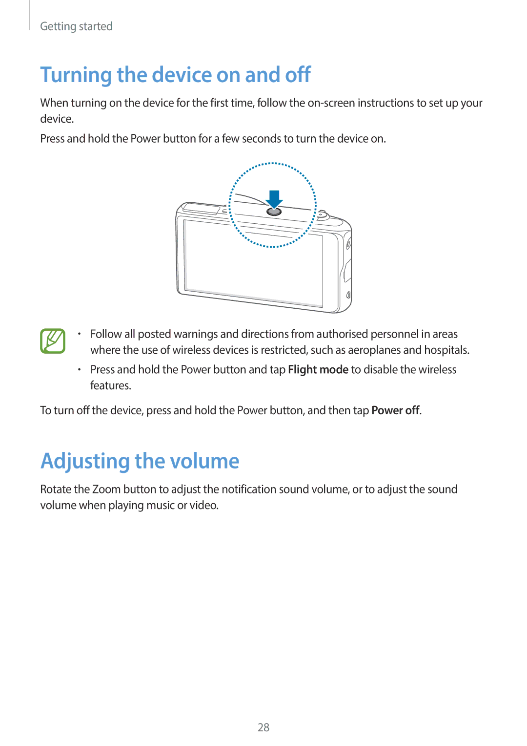 Samsung EKGC200ZWAXAR, EK-GC200ZKAXAR, EK-GC200ZWAXAR, EKGC200ZKAXAR Turning the device on and off, Adjusting the volume 