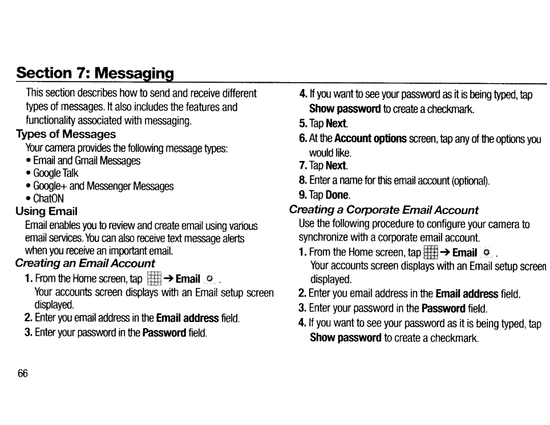 Samsung EKGC200ZWAXAR Types of Messages, Using Email, Creating an Email Account, Creating a Corporate Email Account 