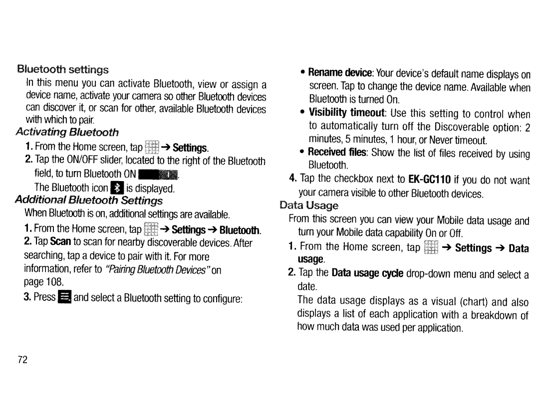 Samsung EK-GC200ZWAXAR, EKGC200ZWAXAR, EK-GC200ZKAXAR, EKGC200ZKAXAR user manual Visibility, Bluet Ooth settings, Data Usage 