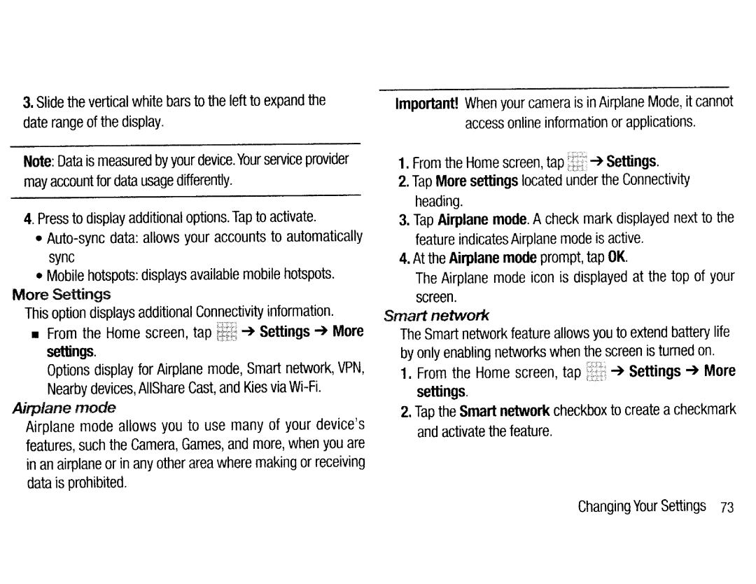 Samsung EKGC200ZKAXAR, EKGC200ZWAXAR, EK-GC200ZKAXAR, EK-GC200ZWAXAR user manual Airplane mode, Smart network, More Settings 