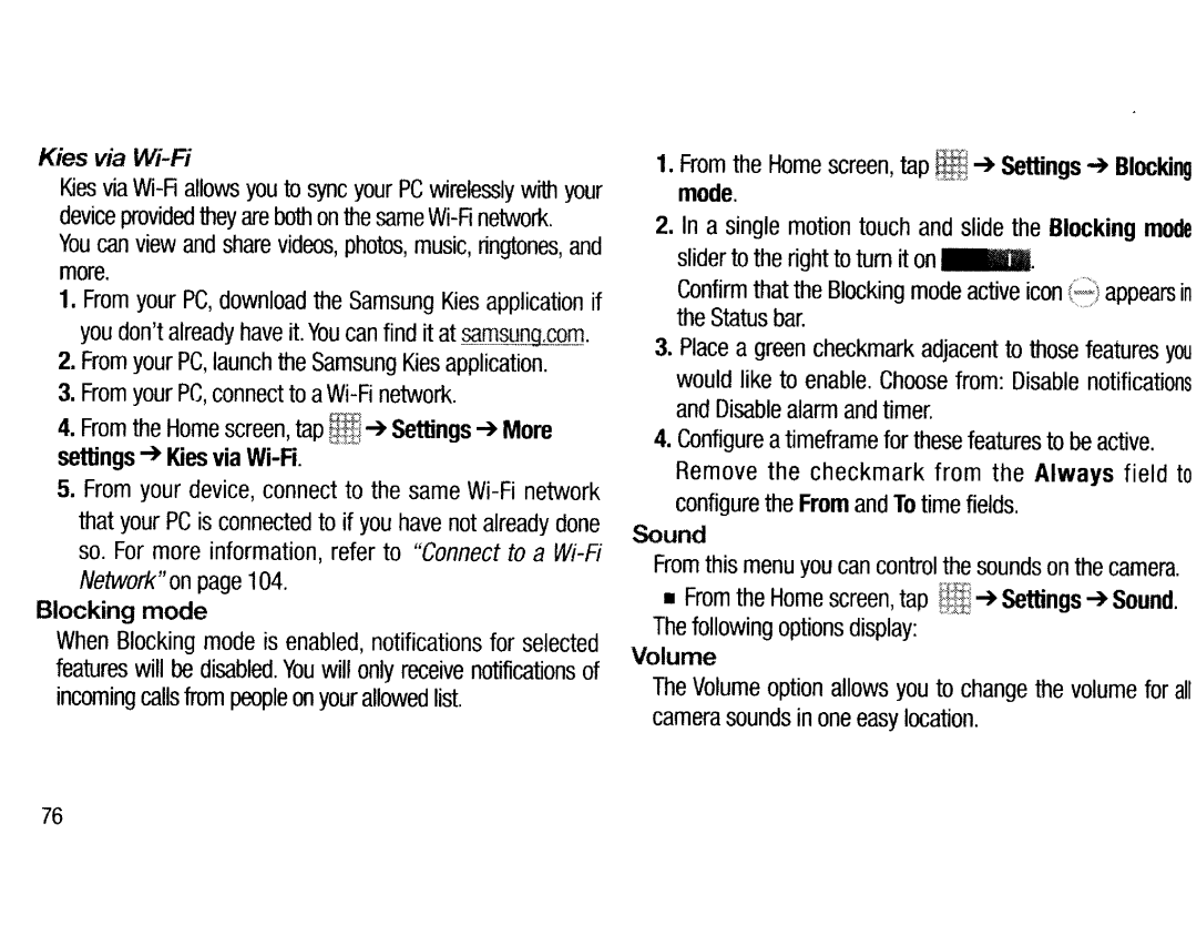 Samsung EK-GC200ZWAXAR, EKGC200ZWAXAR Blocking mode, Remove the checkmark from the Always field to, Sound, Volume 