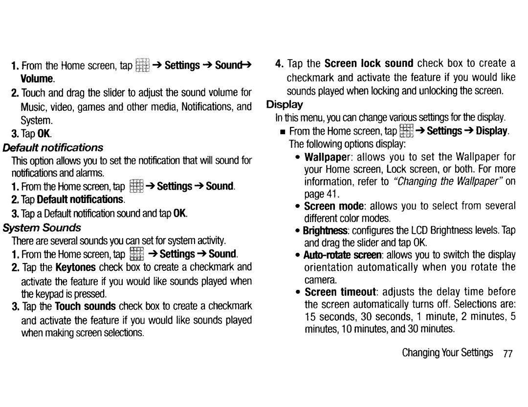 Samsung EKGC200ZKAXAR, EKGC200ZWAXAR, EK-GC200ZKAXAR, EK-GC200ZWAXAR user manual Default notifications, System Sounds 