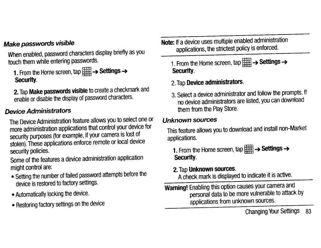 Samsung EK-GC200ZKAXAR, EKGC200ZWAXAR, EK-GC200ZWAXAR Make passwords visible, Device Administrators, Unknown, Sources 