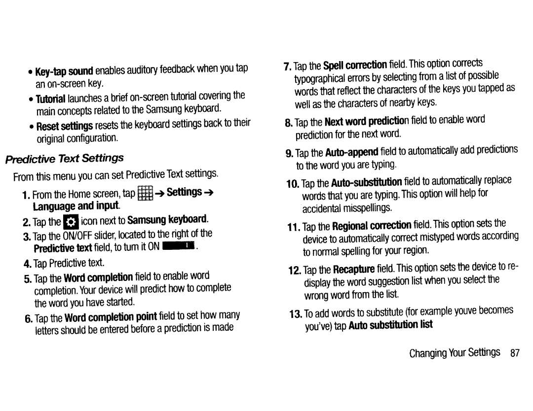 Samsung EK-GC200ZKAXAR, EKGC200ZWAXAR, EK-GC200ZWAXAR, EKGC200ZKAXAR Predictive Text Settings, Input, Auto-substitution 