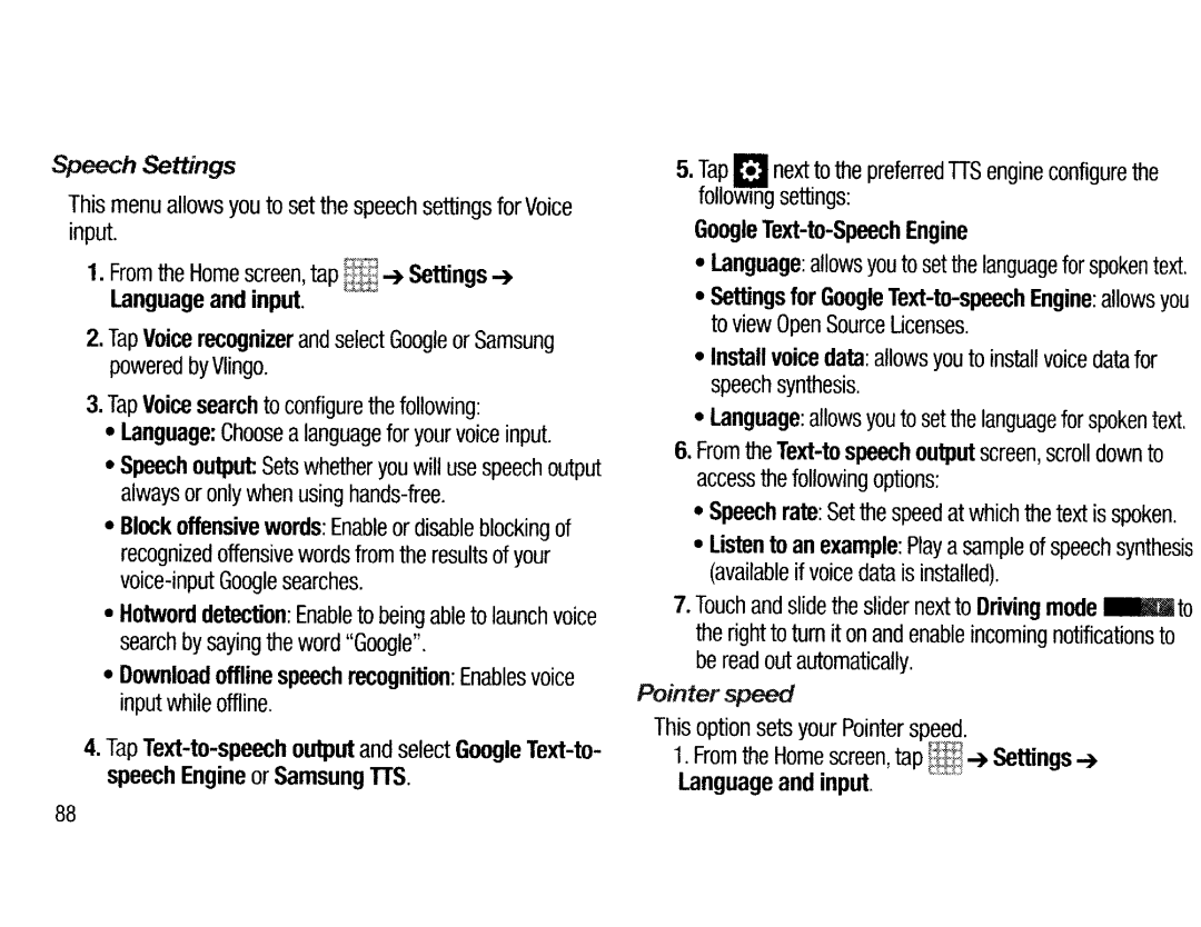 Samsung EK-GC200ZWAXAR, EKGC200ZWAXAR, EK-GC200ZKAXAR, EKGC200ZKAXAR Speech Settings, Pointer speed, ~ -+ Settings -+ 