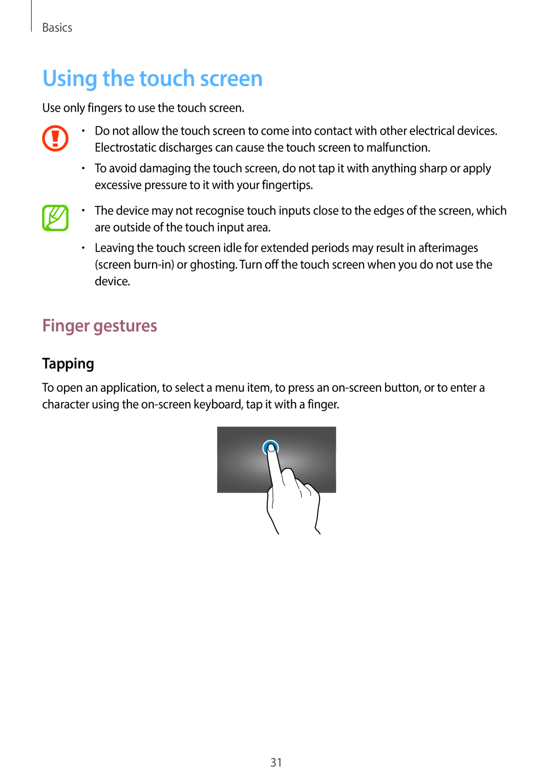 Samsung EKGC200ZKAXAR, EKGC200ZWAXAR, EK-GC200ZKAXAR, EK-GC200ZWAXAR Using the touch screen, Finger gestures, Tapping 