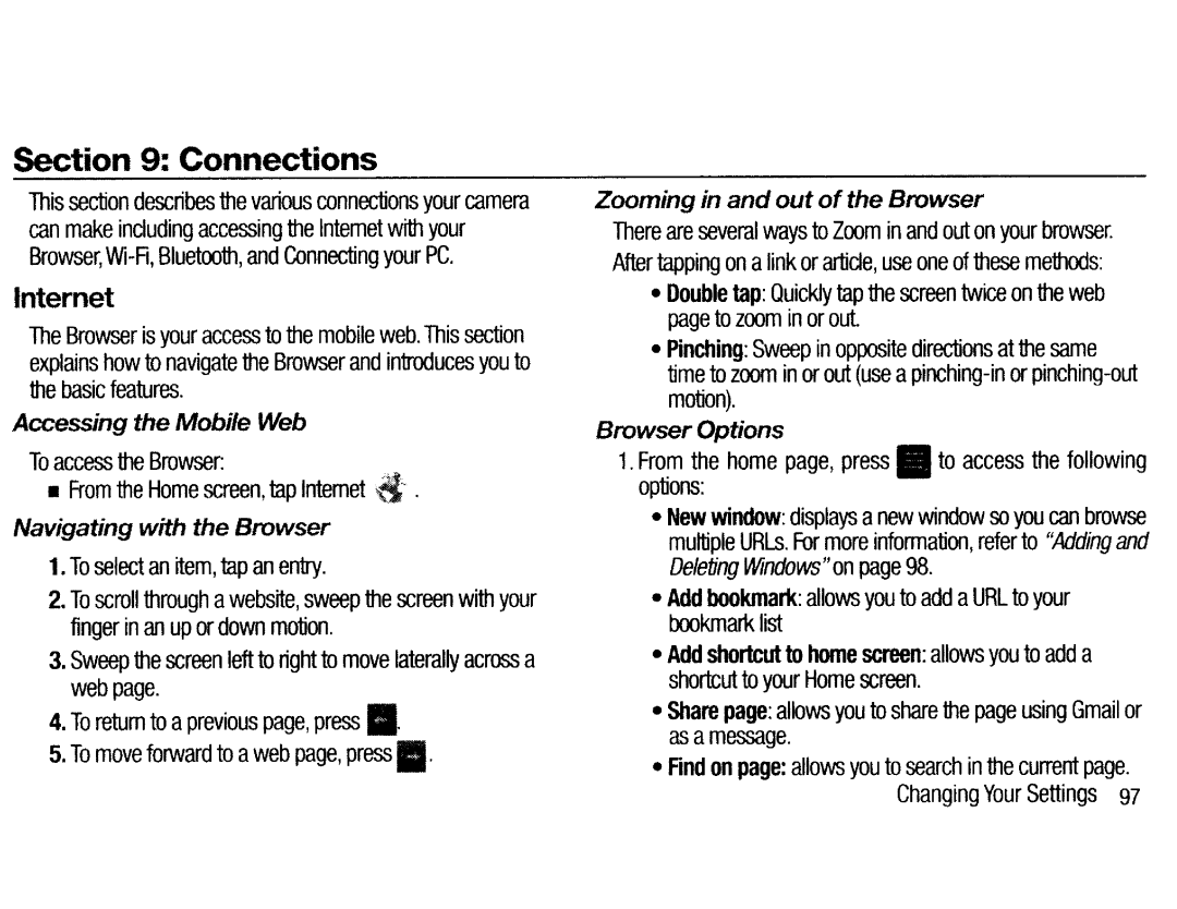 Samsung EKGC200ZKAXAR, EKGC200ZWAXAR Zooming in and out of the Browser, Accessing the Mobile Web, Browser Options 