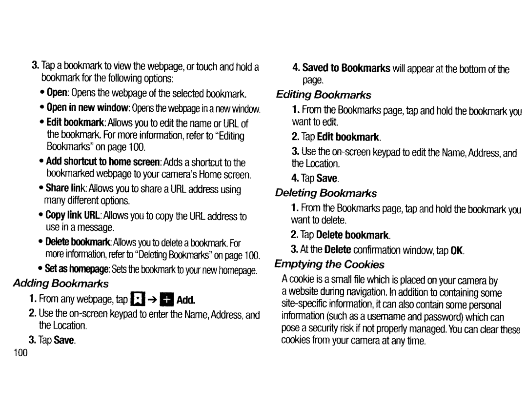 Samsung EK-GC200ZWAXAR Editing Bookmarks, Deleting Bookmarks, Emptying the Cookies, Tap Edit bookmark, Tap Delete bookmark 