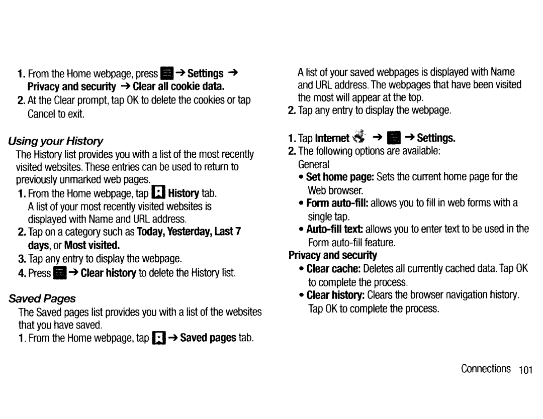 Samsung EKGC200ZKAXAR, EKGC200ZWAXAR Using your History, Saved Pages, Tap Internet .a---+ +Settings, Days, or Most visited 