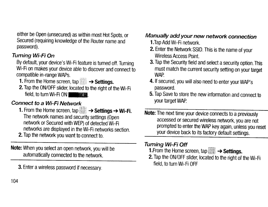 Samsung EK-GC200ZWAXAR user manual Manually add your new network, Connection, Turning Wi-Fi On, Connect to a Wi-Fi Network 