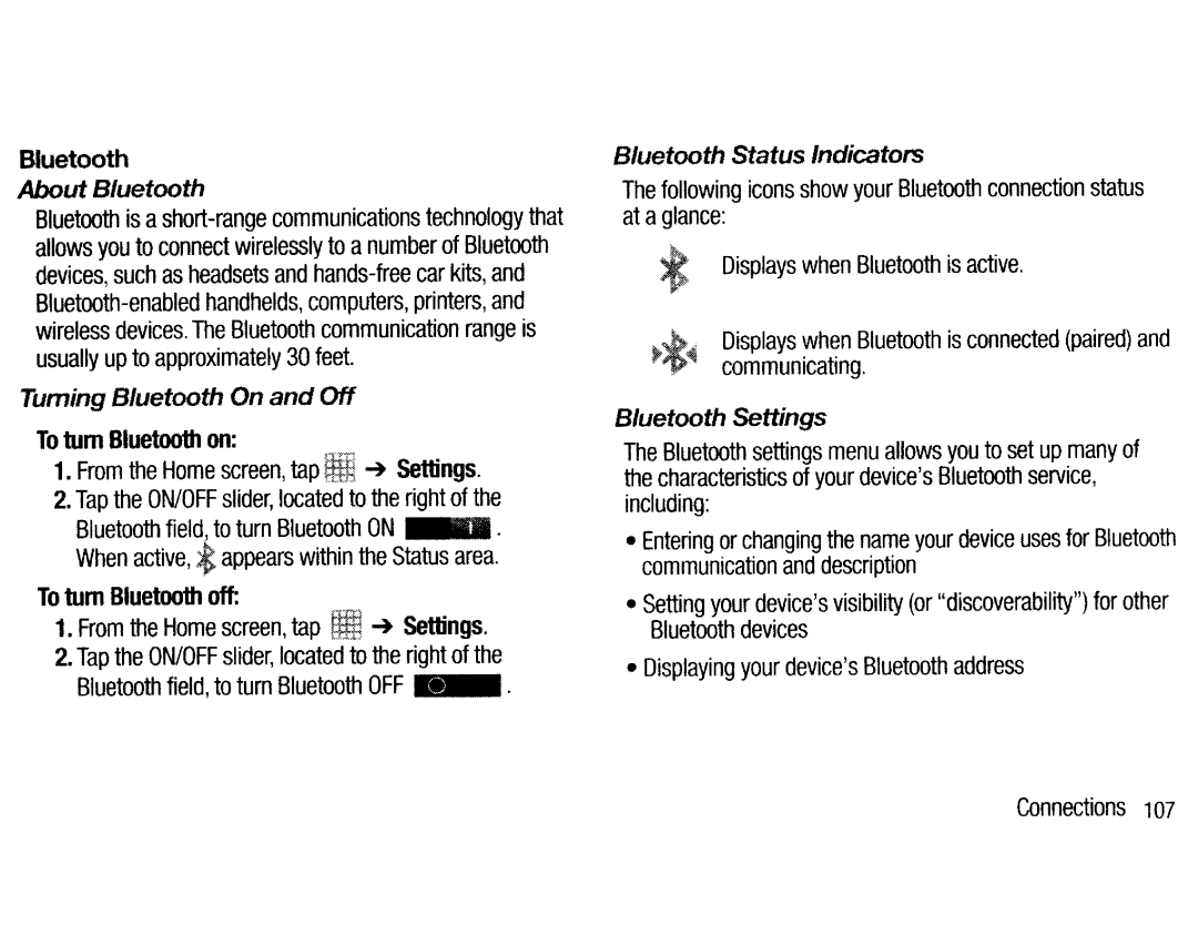 Samsung EK-GC200ZKAXAR About Bluetooth, Turning 8/uetooth On and Off, Bluetooth Status Indicators, Uetooth Settings 