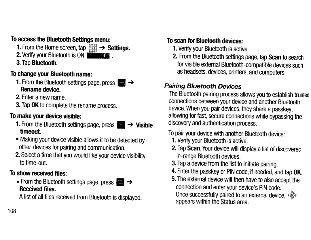 Samsung EK-GC200ZWAXAR Pairing Bluetooth Devices, To access the Bluetooth Settings menu, ~ Visible, To show received files 