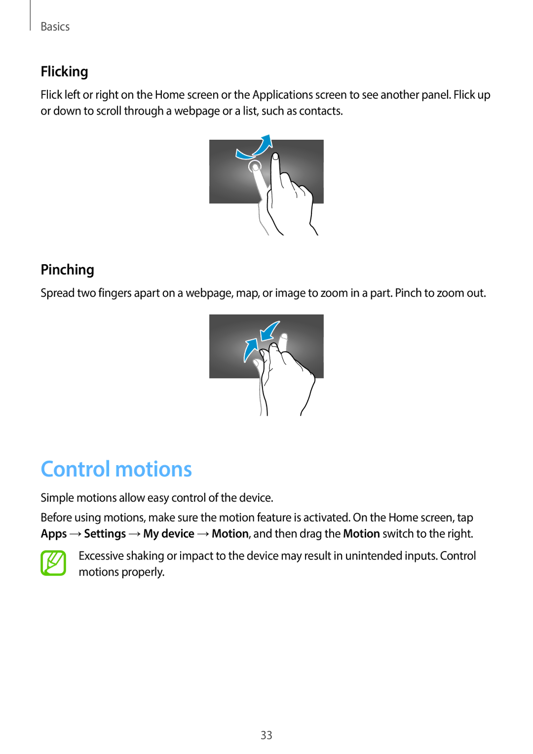 Samsung EK-GC200ZKAXAR, EKGC200ZWAXAR, EK-GC200ZWAXAR, EKGC200ZKAXAR user manual Control motions, Flicking, Pinching 