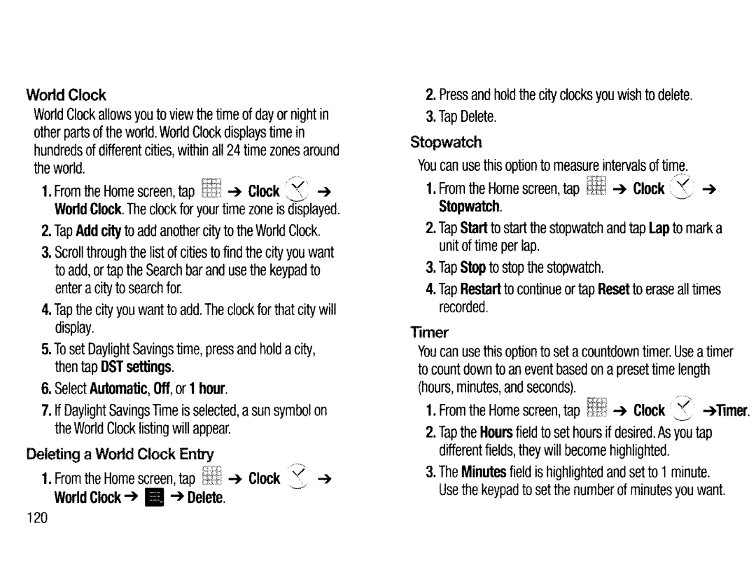 Samsung EK-GC200ZWAXAR, EKGC200ZWAXAR, EK-GC200ZKAXAR Deleting a Wor1d Clock Entry, Stopwatch, World Clock~ -+Delete, Timer 