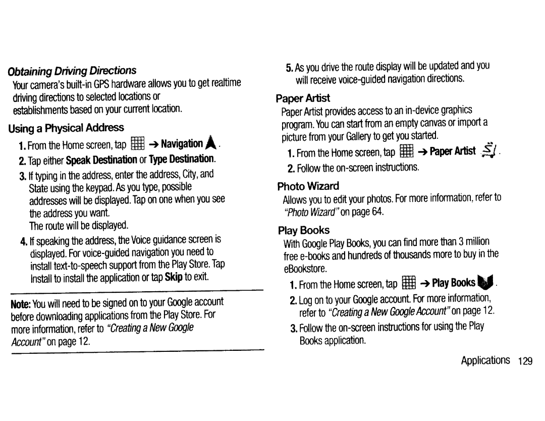 Samsung EKGC200ZKAXAR Obtaining Driving Directions, Paper Artist, Photo Wizard, Using a Physical Address, Destination 