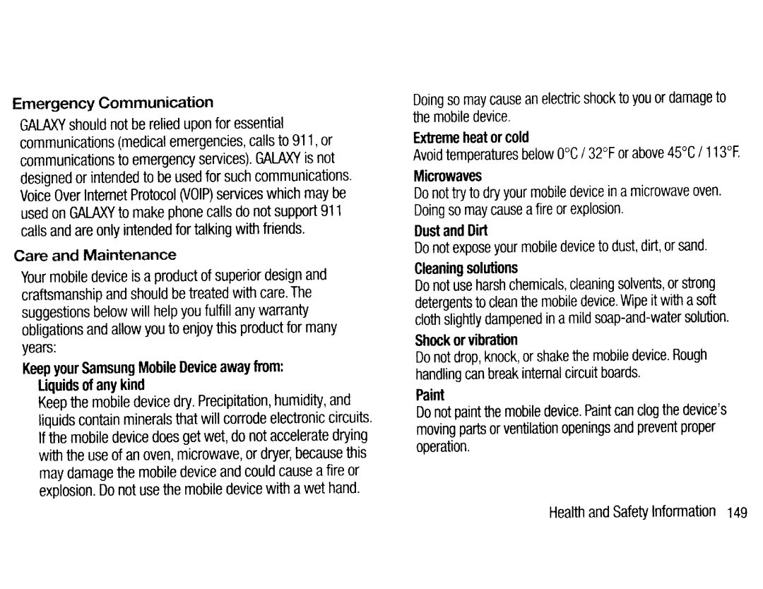 Samsung EKGC200ZKAXAR user manual Emergency Communication, Liquids of any kind, Care and Maintenance, Shock or vibration 