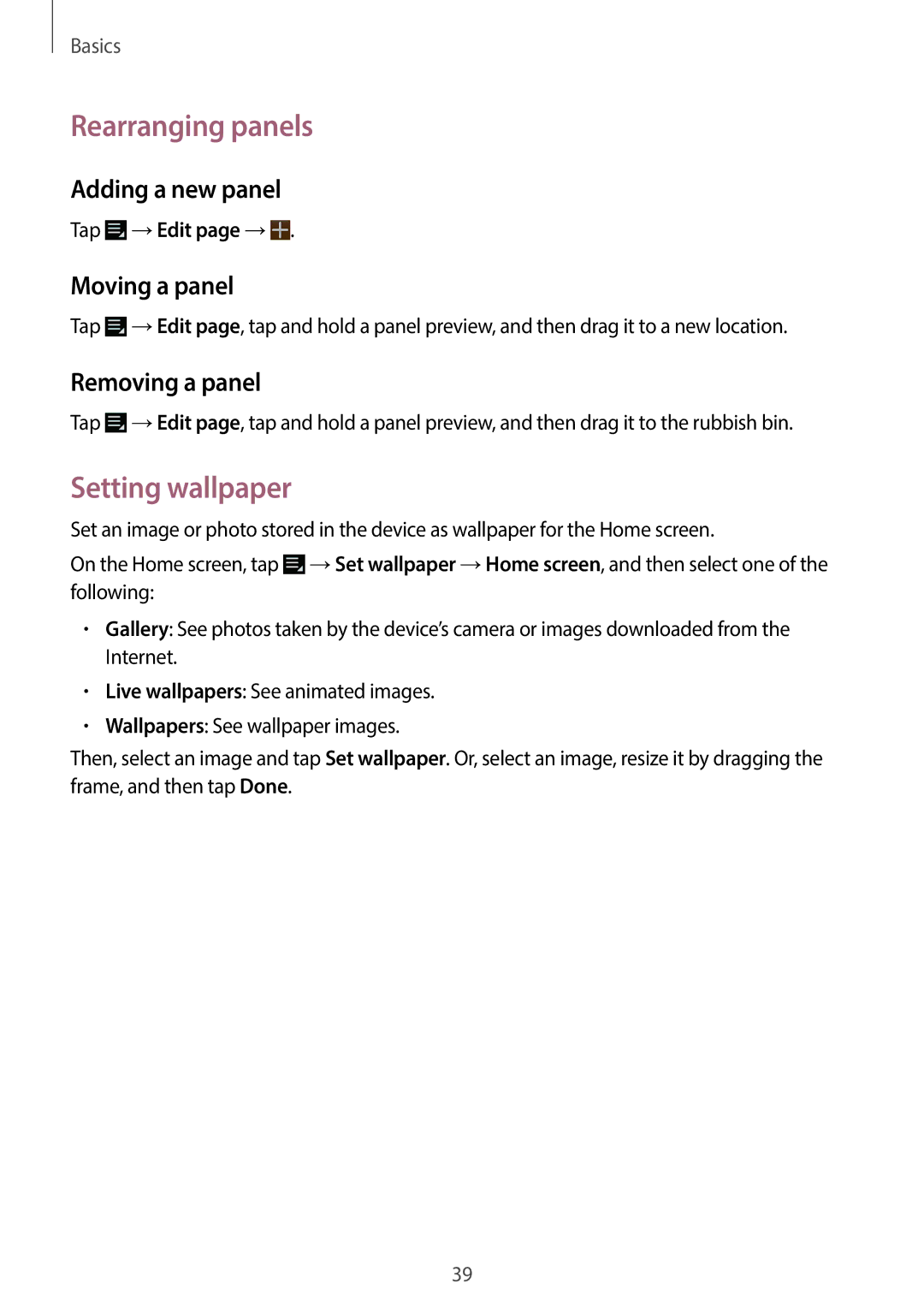 Samsung EKGC200ZKAXAR Rearranging panels, Setting wallpaper, Adding a new panel, Moving a panel, Removing a panel 