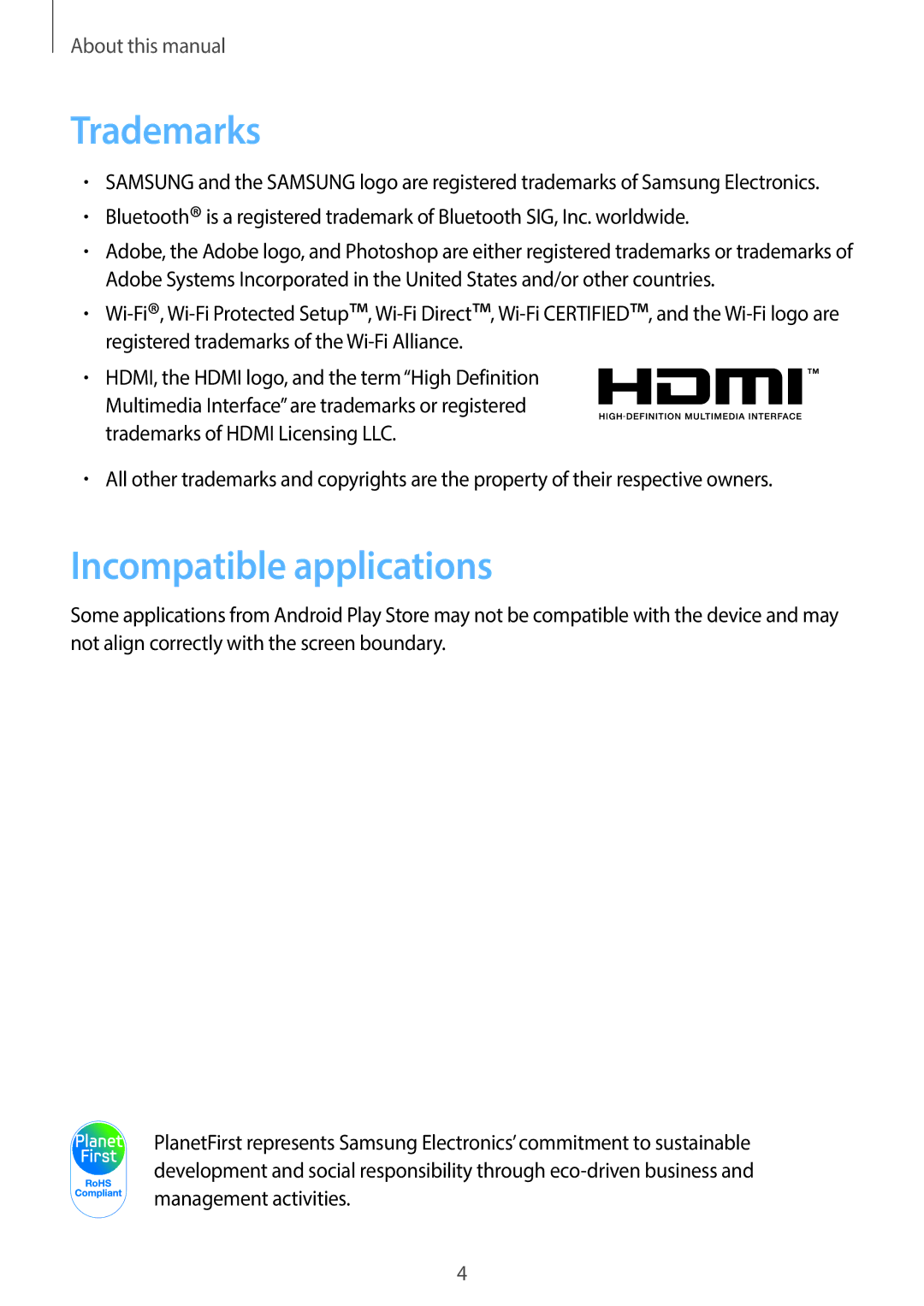 Samsung EKGC200ZWAXAR, EK-GC200ZKAXAR, EK-GC200ZWAXAR, EKGC200ZKAXAR user manual Trademarks, Incompatible applications 