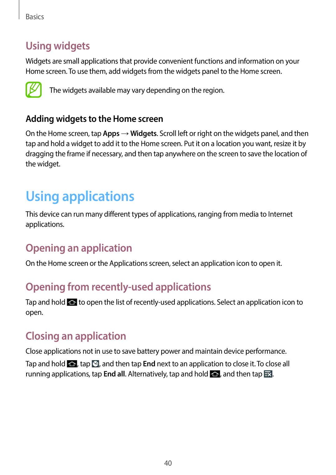 Samsung EKGC200ZWAXAR Using applications, Using widgets, Opening an application, Opening from recently-used applications 