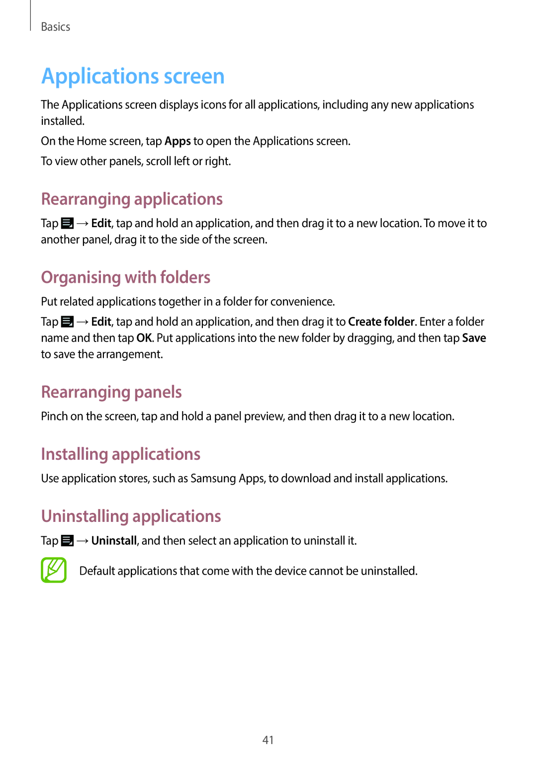 Samsung EK-GC200ZKAXAR Applications screen, Rearranging applications, Organising with folders, Installing applications 