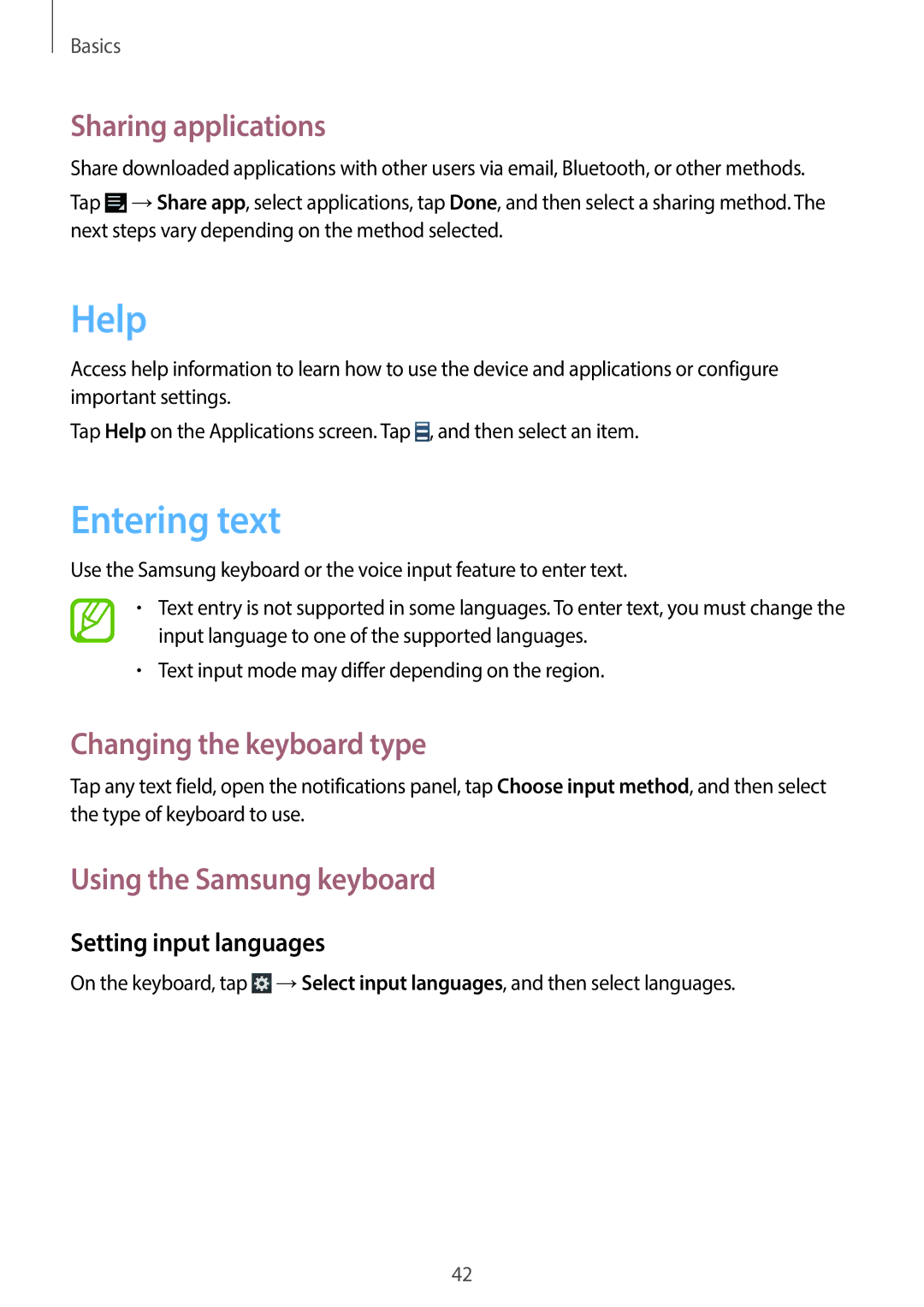 Samsung EK-GC200ZWAXAR Help, Entering text, Sharing applications, Changing the keyboard type, Using the Samsung keyboard 