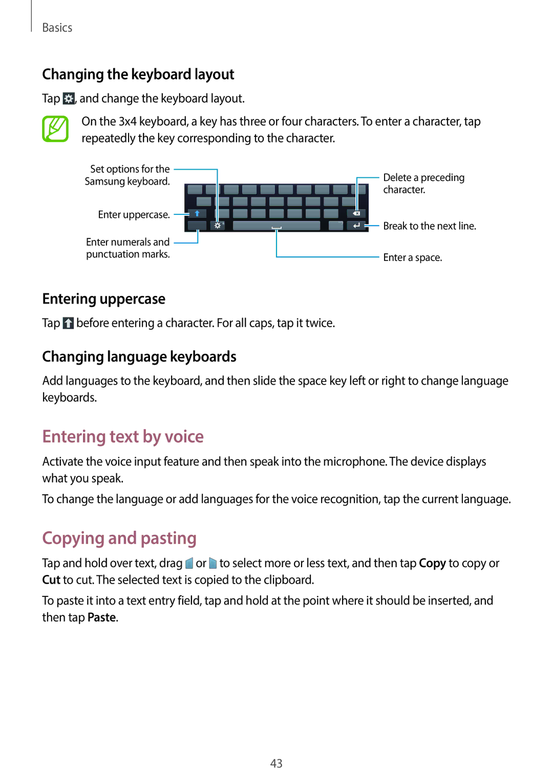 Samsung EKGC200ZKAXAR Entering text by voice, Copying and pasting, Changing the keyboard layout, Entering uppercase 