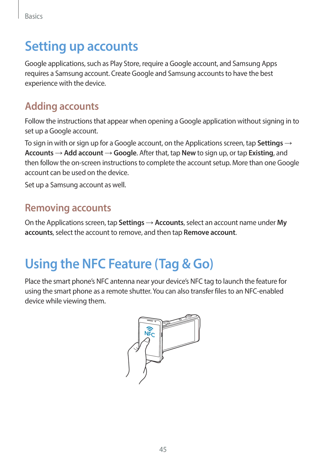 Samsung EK-GC200ZKAXAR user manual Setting up accounts, Using the NFC Feature Tag & Go, Adding accounts, Removing accounts 