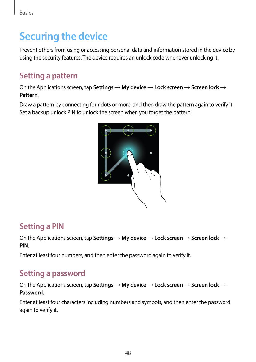 Samsung EKGC200ZWAXAR, EK-GC200ZKAXAR user manual Securing the device, Setting a pattern, Setting a PIN, Setting a password 