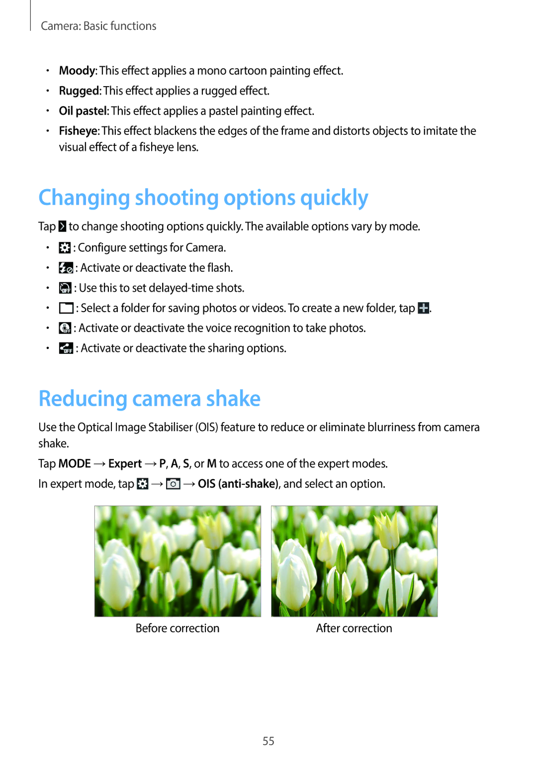 Samsung EKGC200ZKAXAR, EKGC200ZWAXAR, EK-GC200ZKAXAR user manual Changing shooting options quickly, Reducing camera shake 