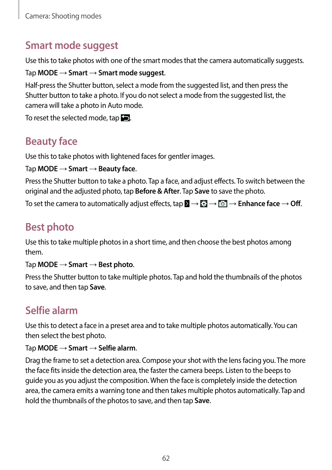 Samsung EK-GC200ZWAXAR, EKGC200ZWAXAR, EK-GC200ZKAXAR user manual Smart mode suggest, Beauty face, Best photo, Selfie alarm 