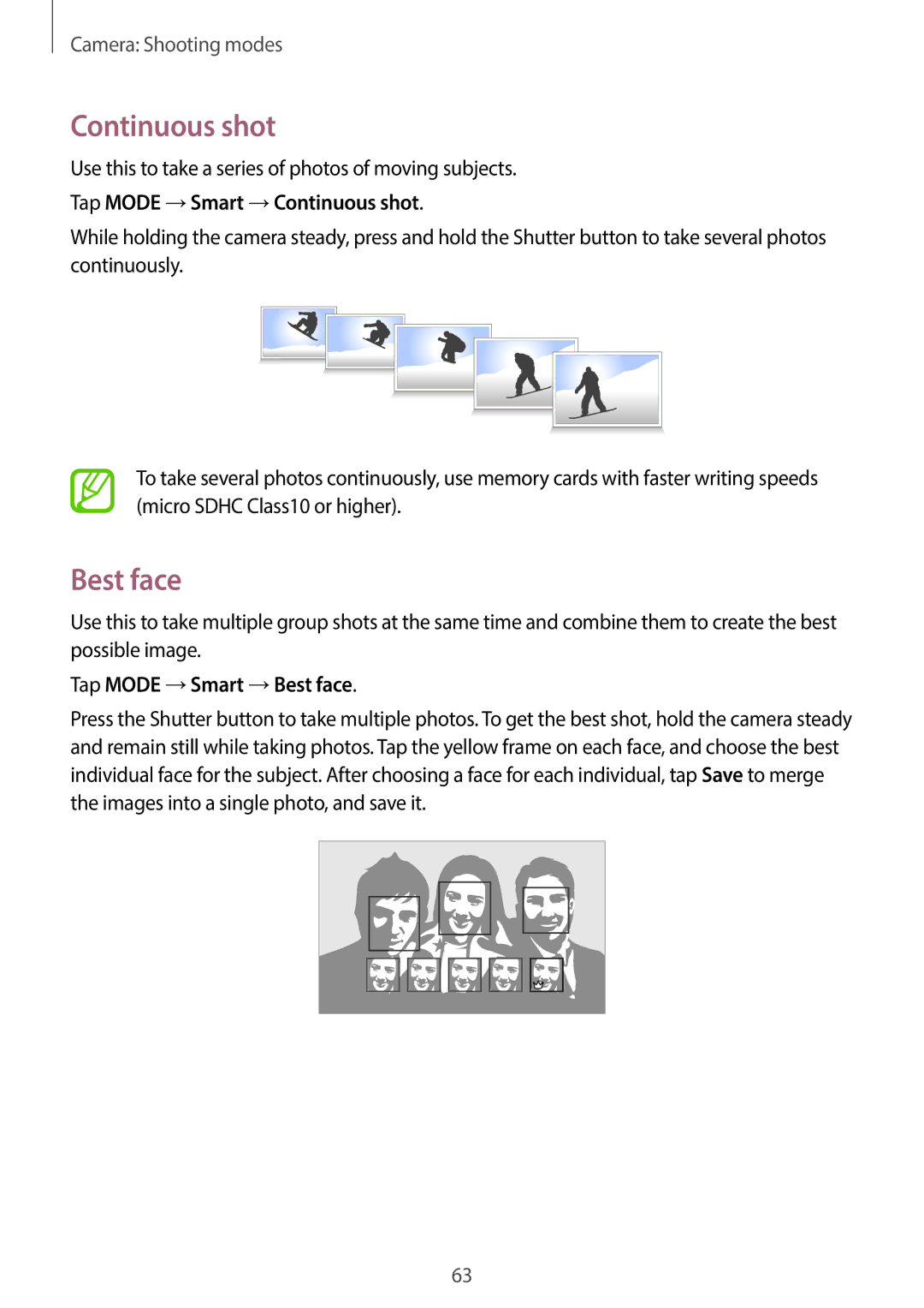 Samsung EKGC200ZKAXAR, EKGC200ZWAXAR, EK-GC200ZKAXAR Tap Mode →Smart →Continuous shot, Tap Mode →Smart →Best face 