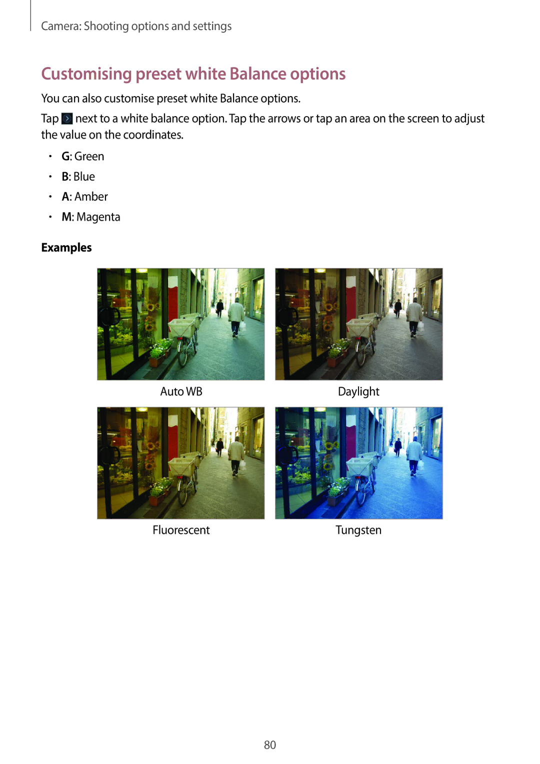 Samsung EKGC200ZWAXAR, EK-GC200ZKAXAR, EK-GC200ZWAXAR, EKGC200ZKAXAR user manual Customising preset white Balance options 