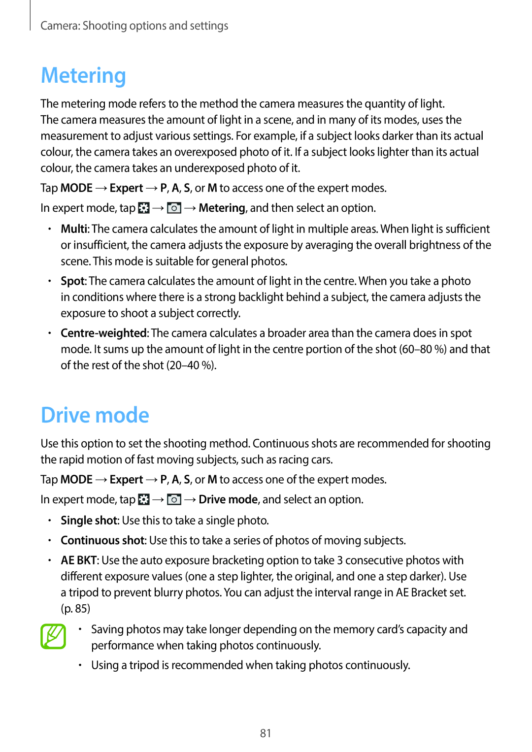 Samsung EK-GC200ZKAXAR, EKGC200ZWAXAR, EK-GC200ZWAXAR, EKGC200ZKAXAR user manual Metering, Drive mode 