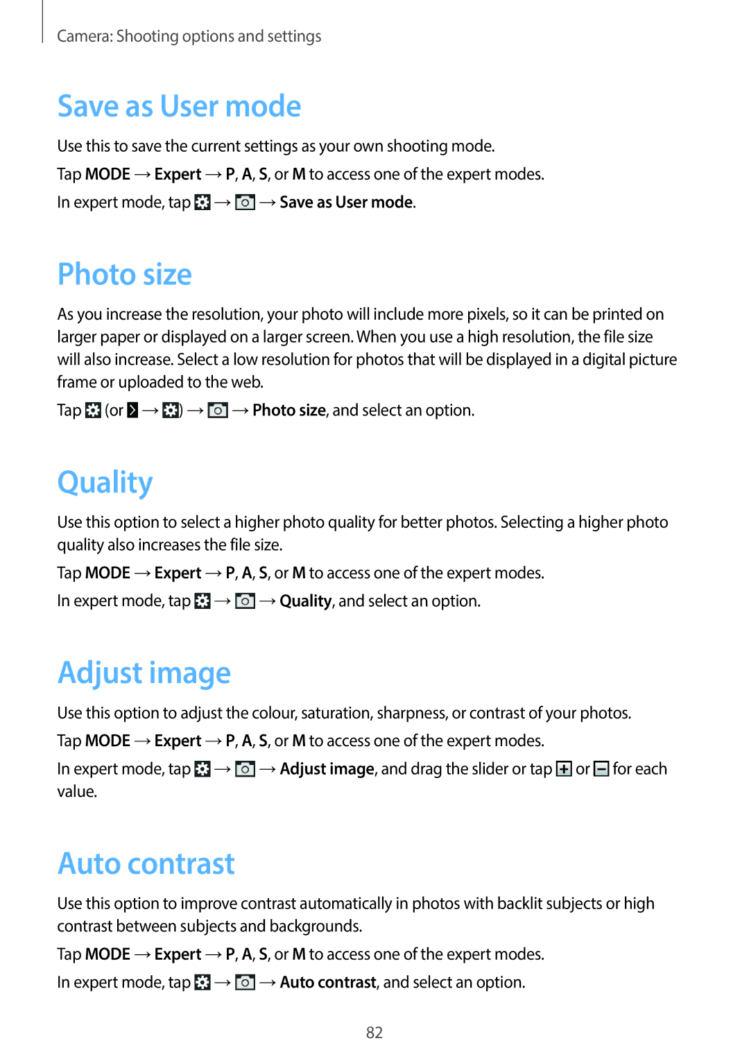 Samsung EK-GC200ZWAXAR, EKGC200ZWAXAR, EK-GC200ZKAXAR Save as User mode, Photo size, Quality, Adjust image, Auto contrast 