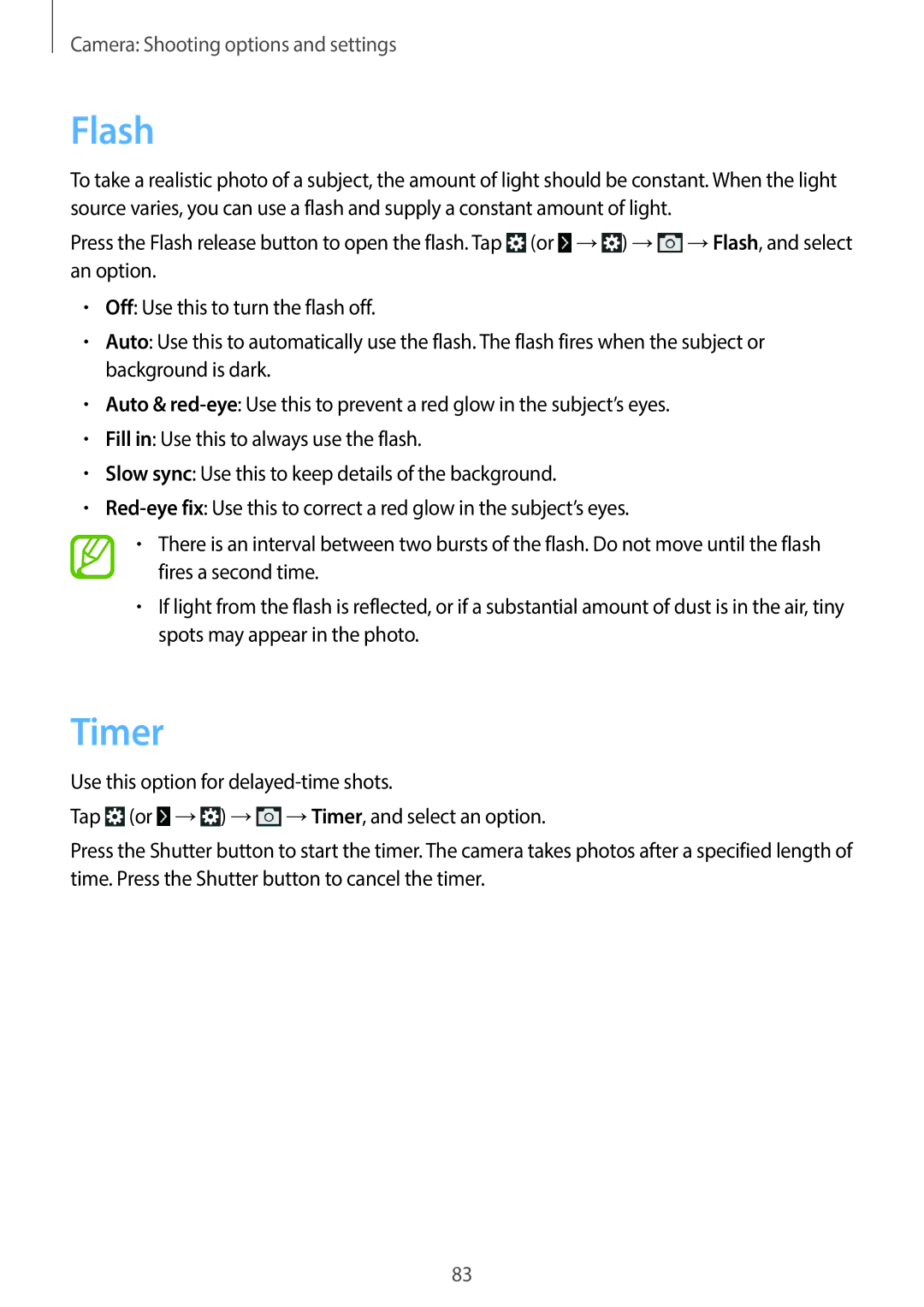 Samsung EKGC200ZKAXAR, EKGC200ZWAXAR, EK-GC200ZKAXAR, EK-GC200ZWAXAR user manual Flash, Timer 