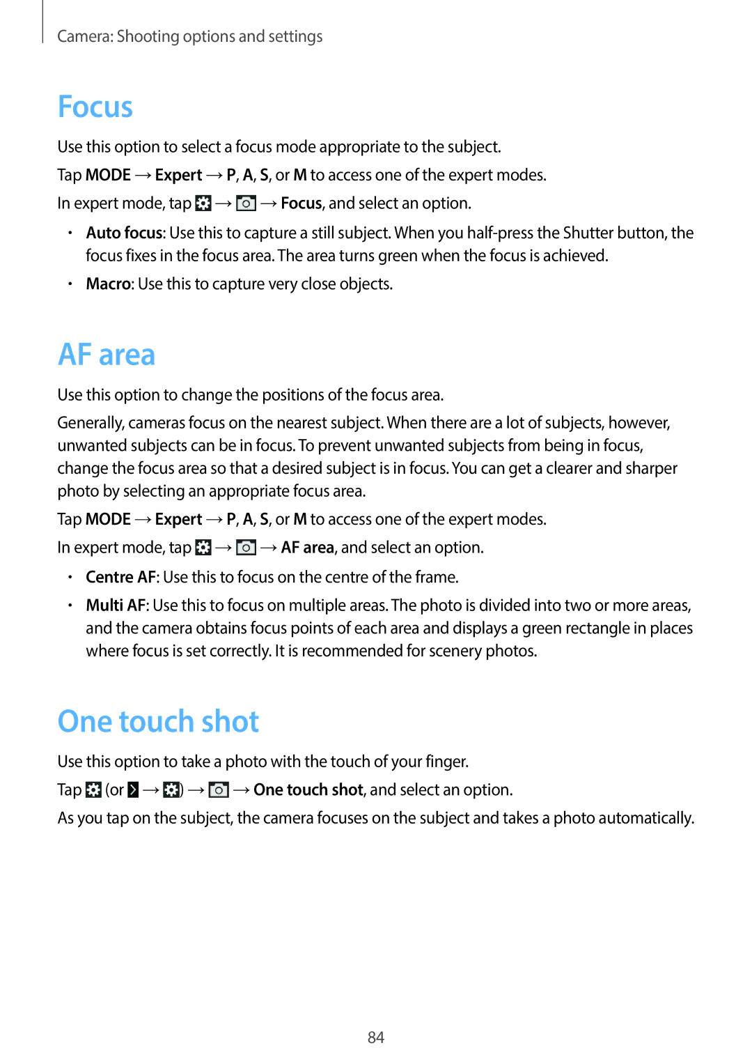 Samsung EKGC200ZWAXAR, EK-GC200ZKAXAR, EK-GC200ZWAXAR, EKGC200ZKAXAR user manual Focus, AF area, One touch shot 