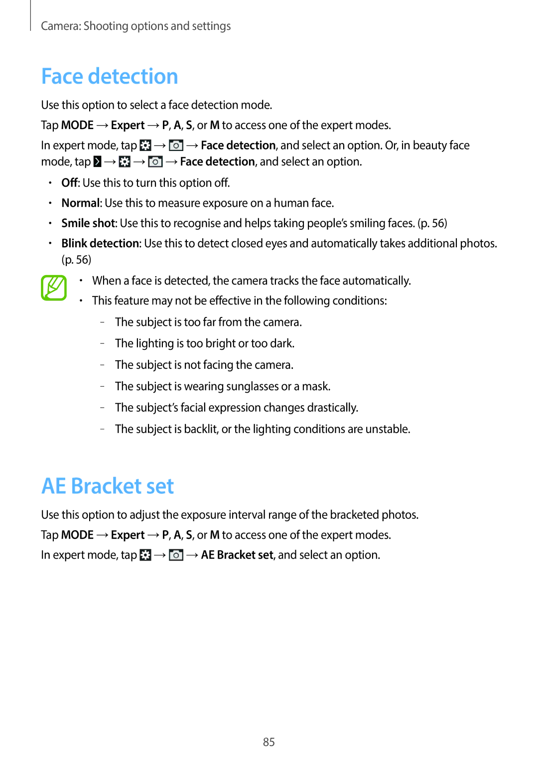 Samsung EK-GC200ZKAXAR, EKGC200ZWAXAR, EK-GC200ZWAXAR, EKGC200ZKAXAR user manual Face detection, AE Bracket set 