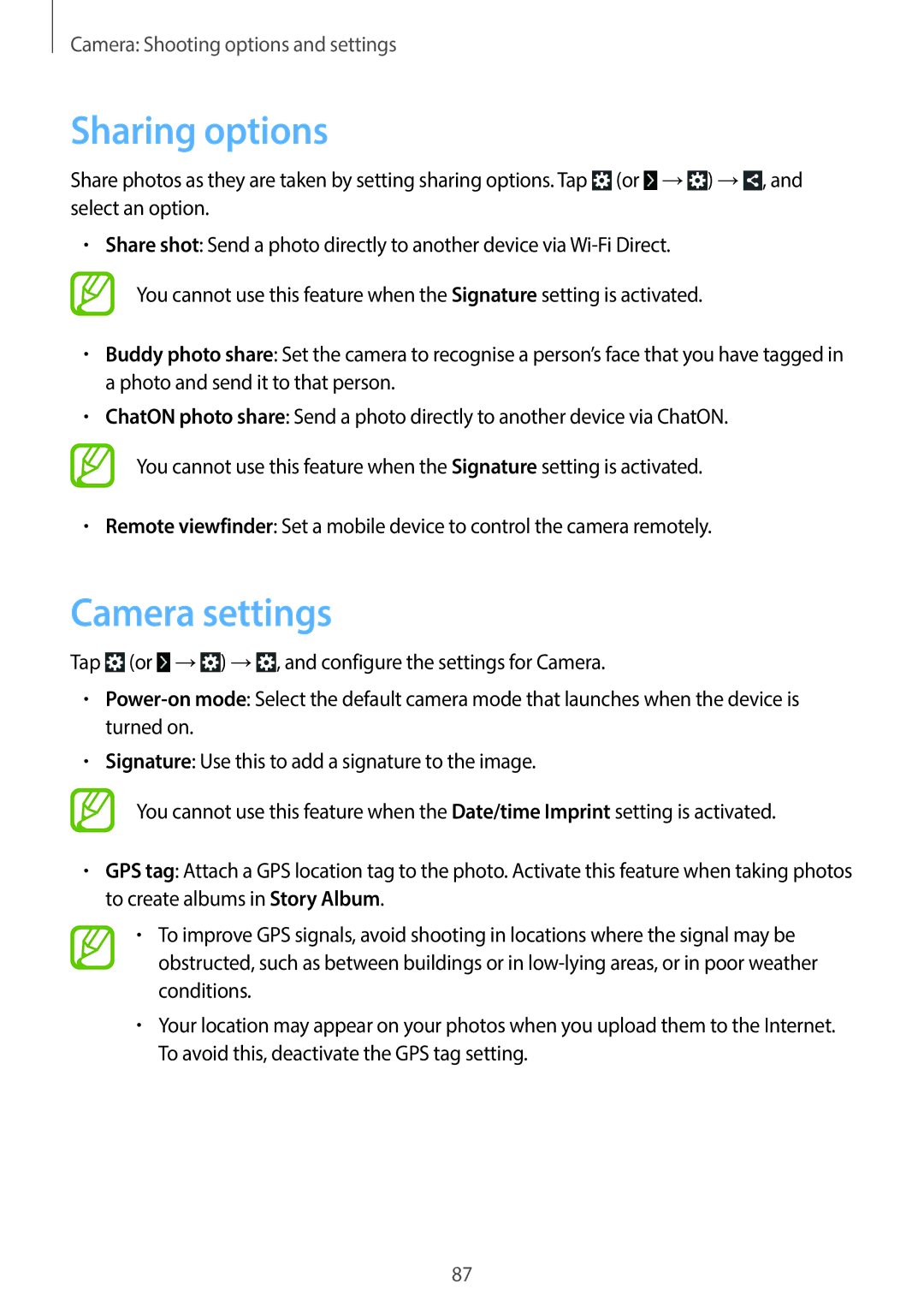 Samsung EKGC200ZKAXAR, EKGC200ZWAXAR, EK-GC200ZKAXAR, EK-GC200ZWAXAR user manual Sharing options, Camera settings 