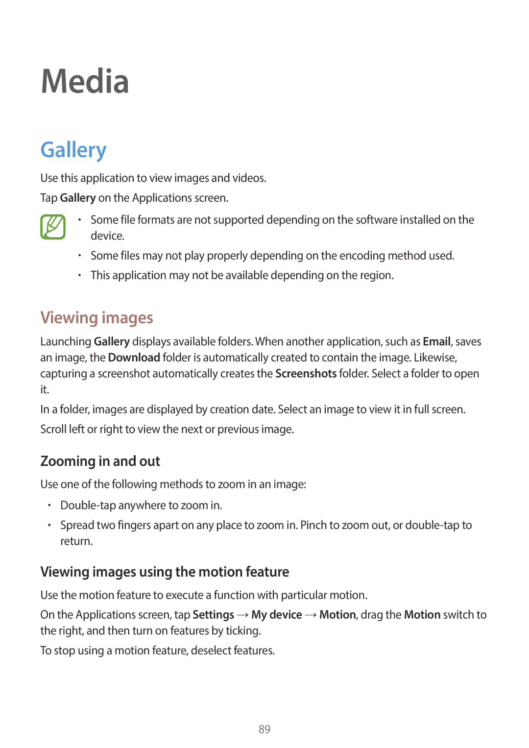 Samsung EK-GC200ZKAXAR, EKGC200ZWAXAR user manual Gallery, Zooming in and out, Viewing images using the motion feature 