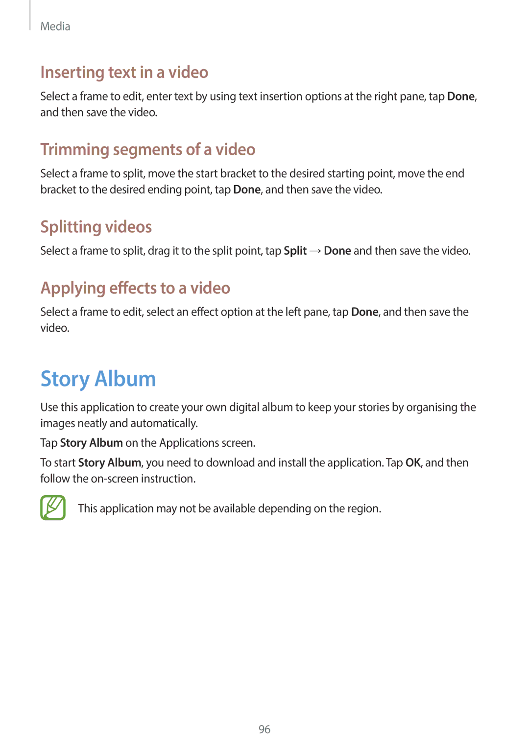 Samsung EKGC200ZWAXAR, EKGC200ZKAXAR Story Album, Inserting text in a video, Splitting videos, Applying effects to a video 